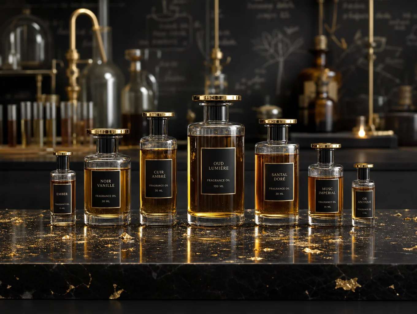 Luminous glass perfume flacons resting on polished obsidian.