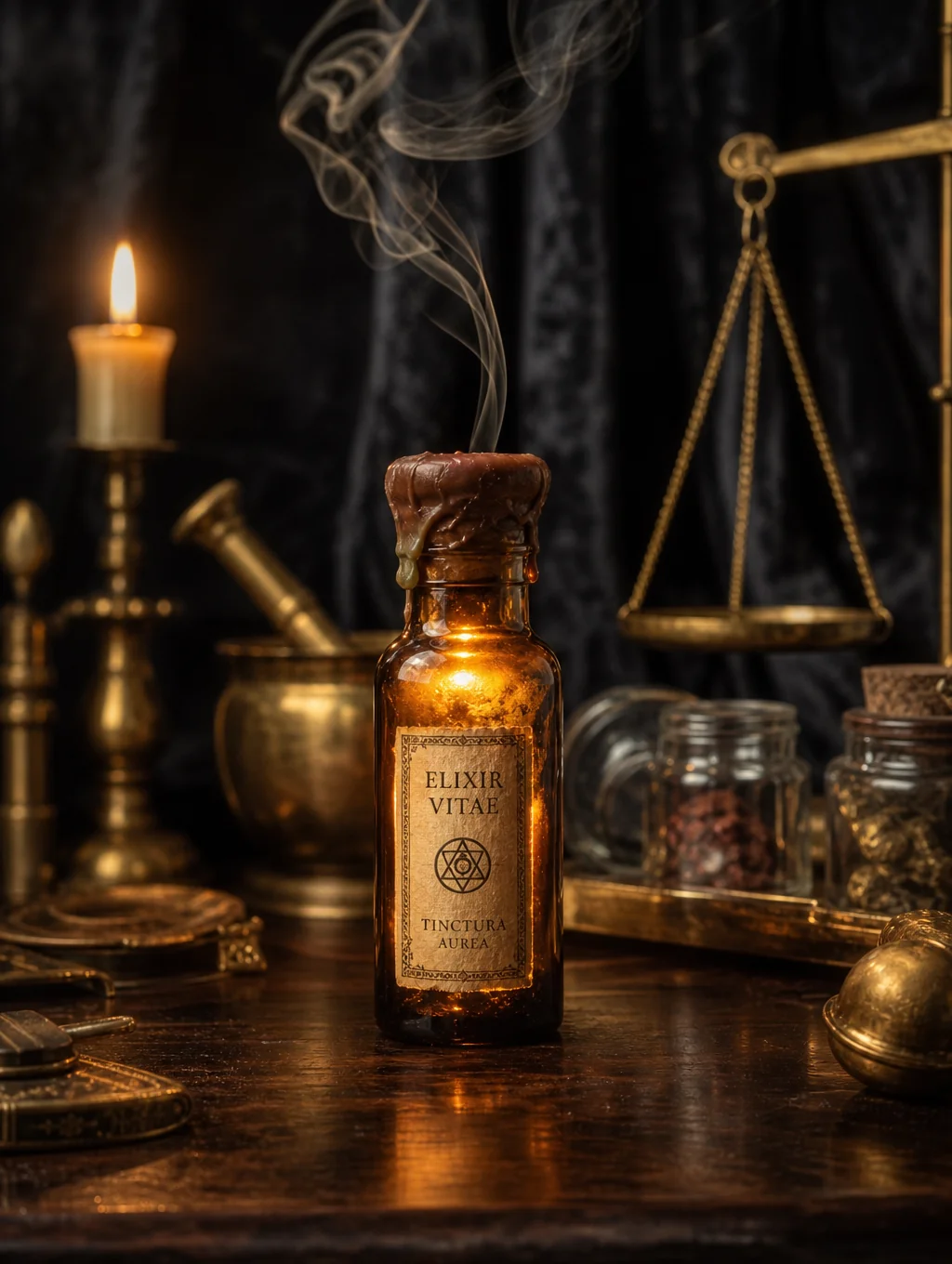 Amber glass vials and dried rose botanicals for Royal Amber suite.