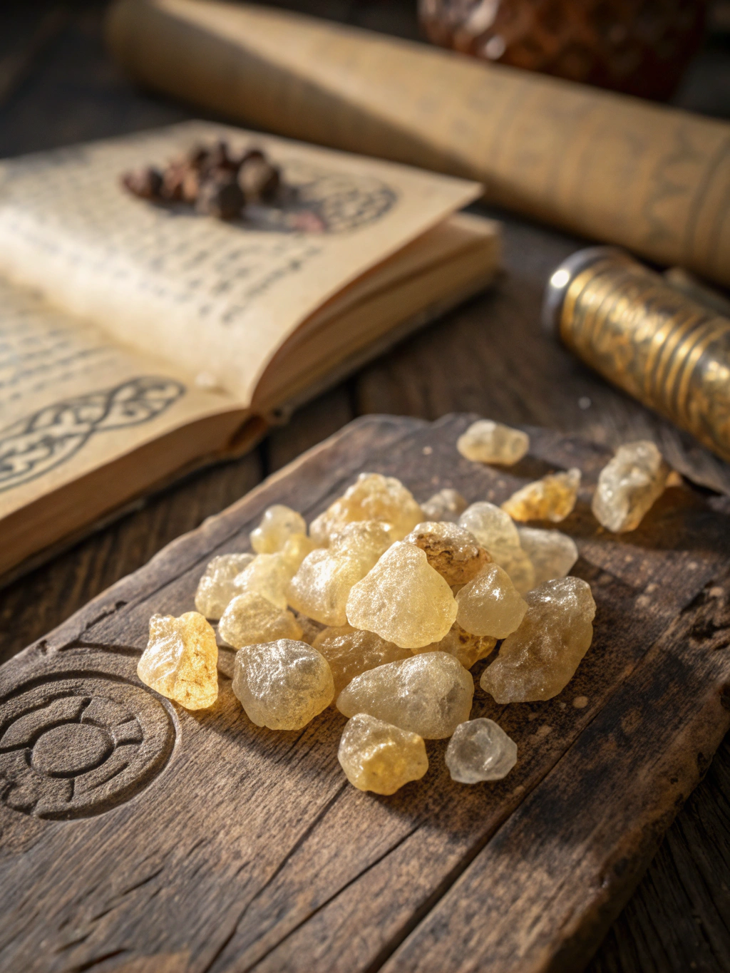 Ceremonial incense censer, myrrh resin crystals, and spiritual fragrance flacons.